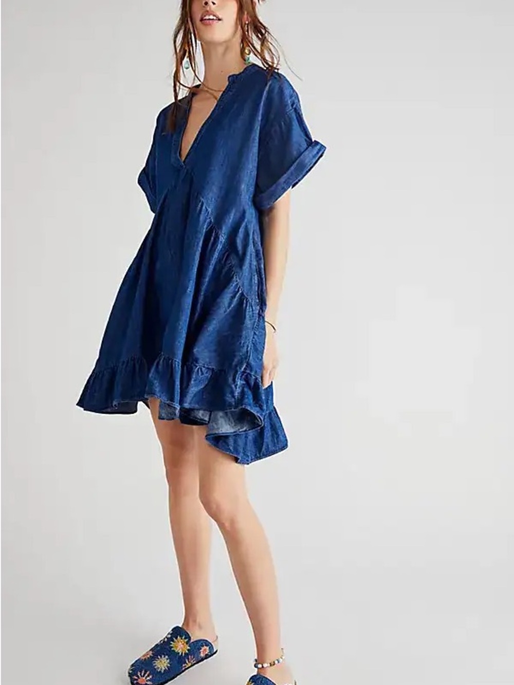Free People Denim Mini Dress Shady Sea Blue Babydoll Boho Ruffle Hem Size M